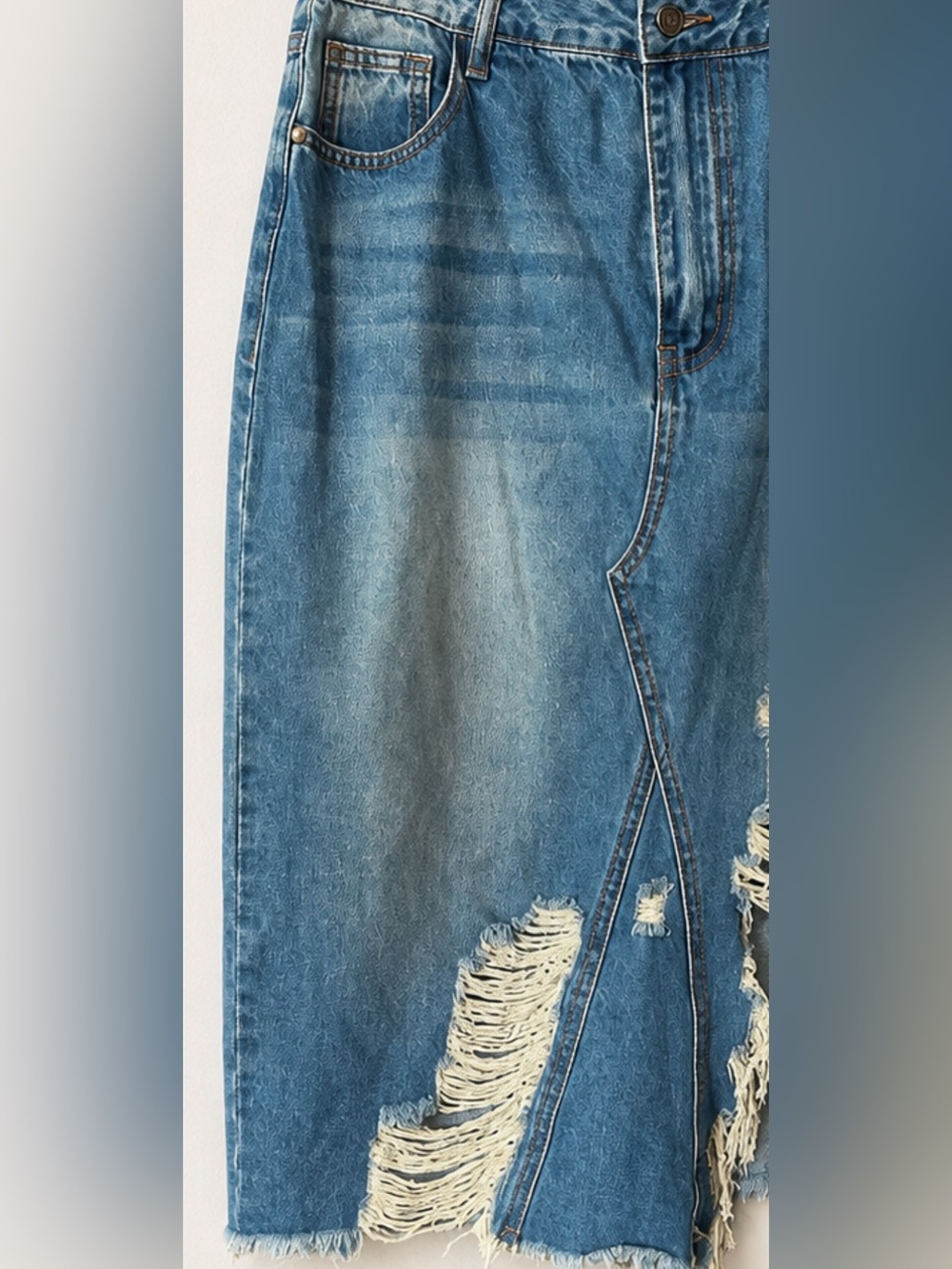 Fashion Nova Distressed Blue Denim MIDI Skirt- Women’s Medium - Picture 3 of 6
